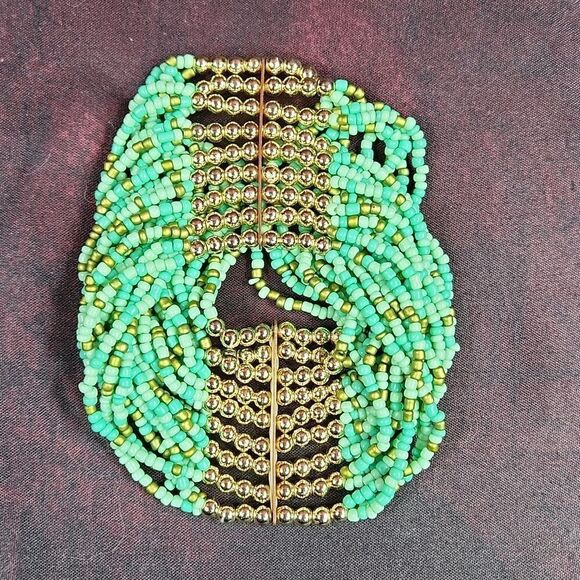 💜Seagreen & Gold Beaded Multi Strand Stretchy Bracelet - Picture 1 of 6